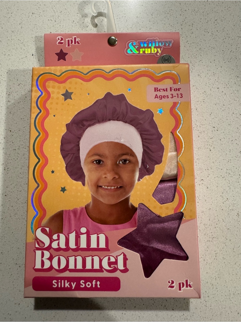 Willow & Ruby Satin Bonnet for Kids - Purple & Pink (2 Pack) Sleep Cap Ages 3-13 - Picture 3 of 4